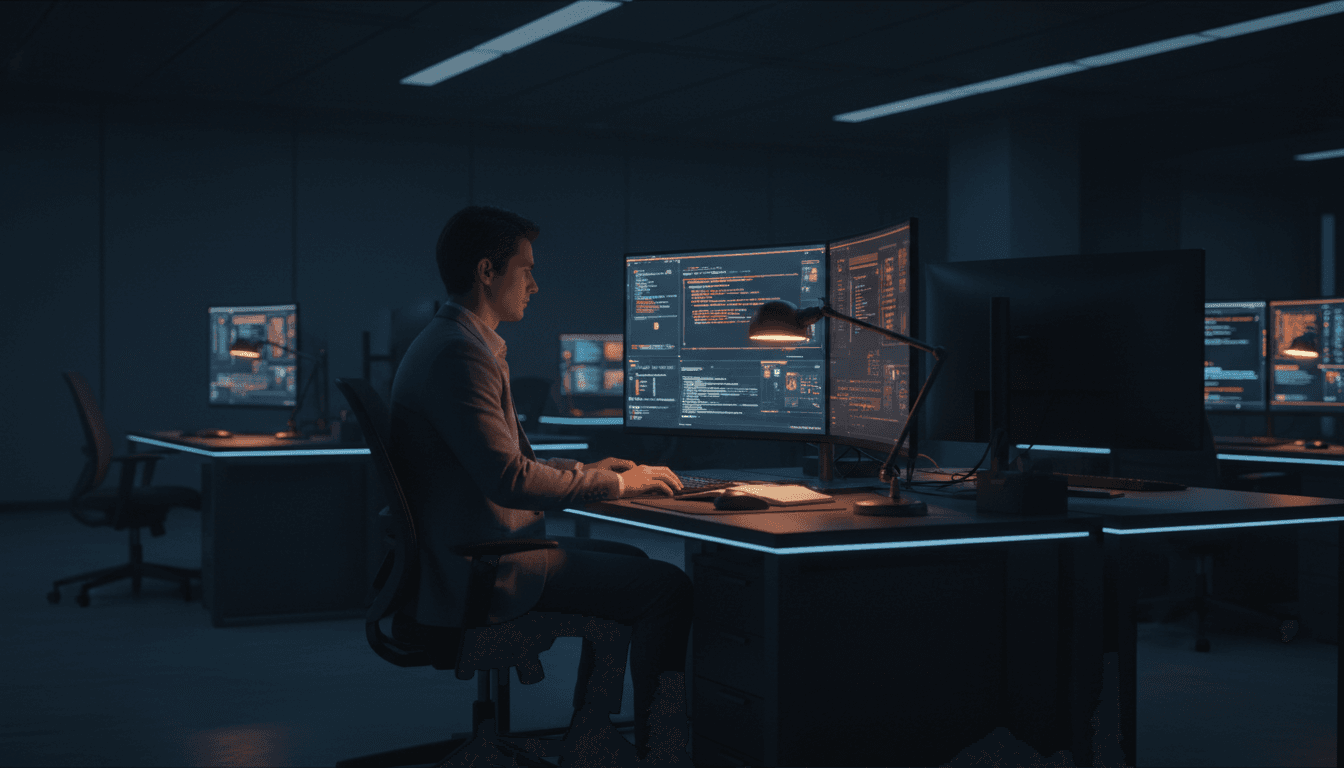 Professional workspace at Rip It Labs with multiple monitors displaying AI system architecture and data visualizations