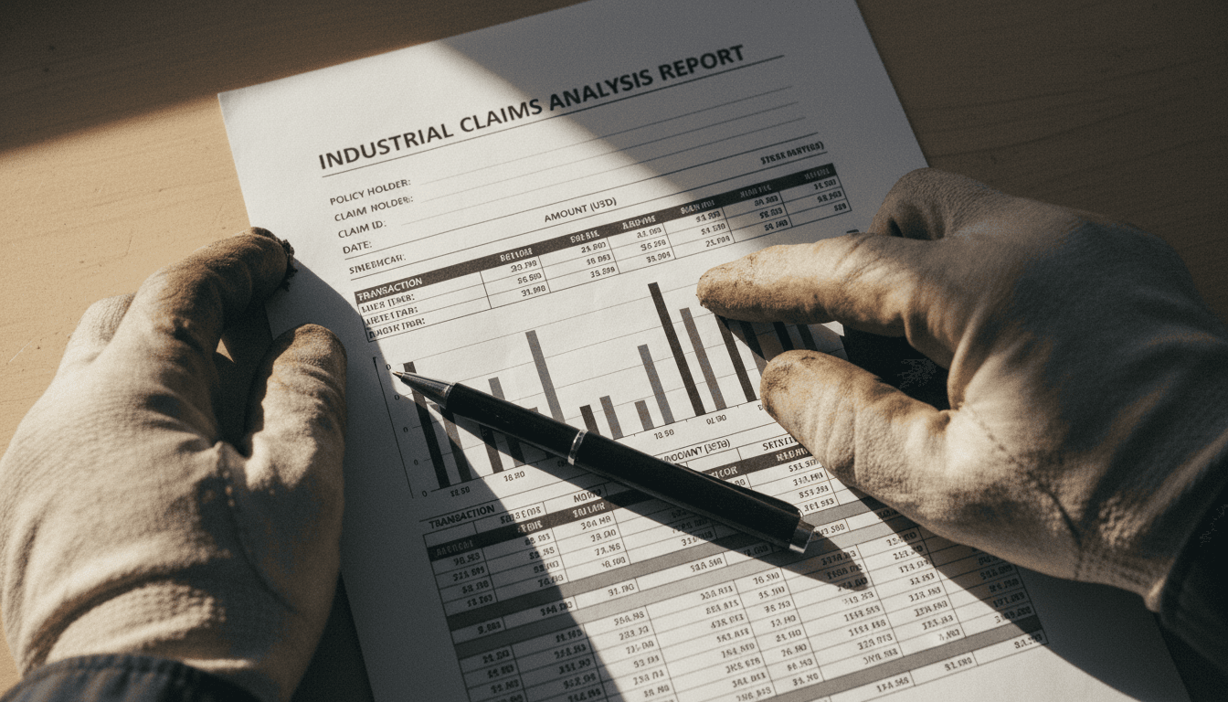 Hands reviewing claims document with data analysis