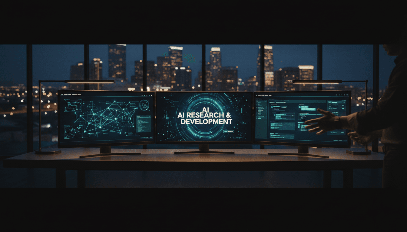 Modern AI research workspace with data visualization displays and Phoenix skyline