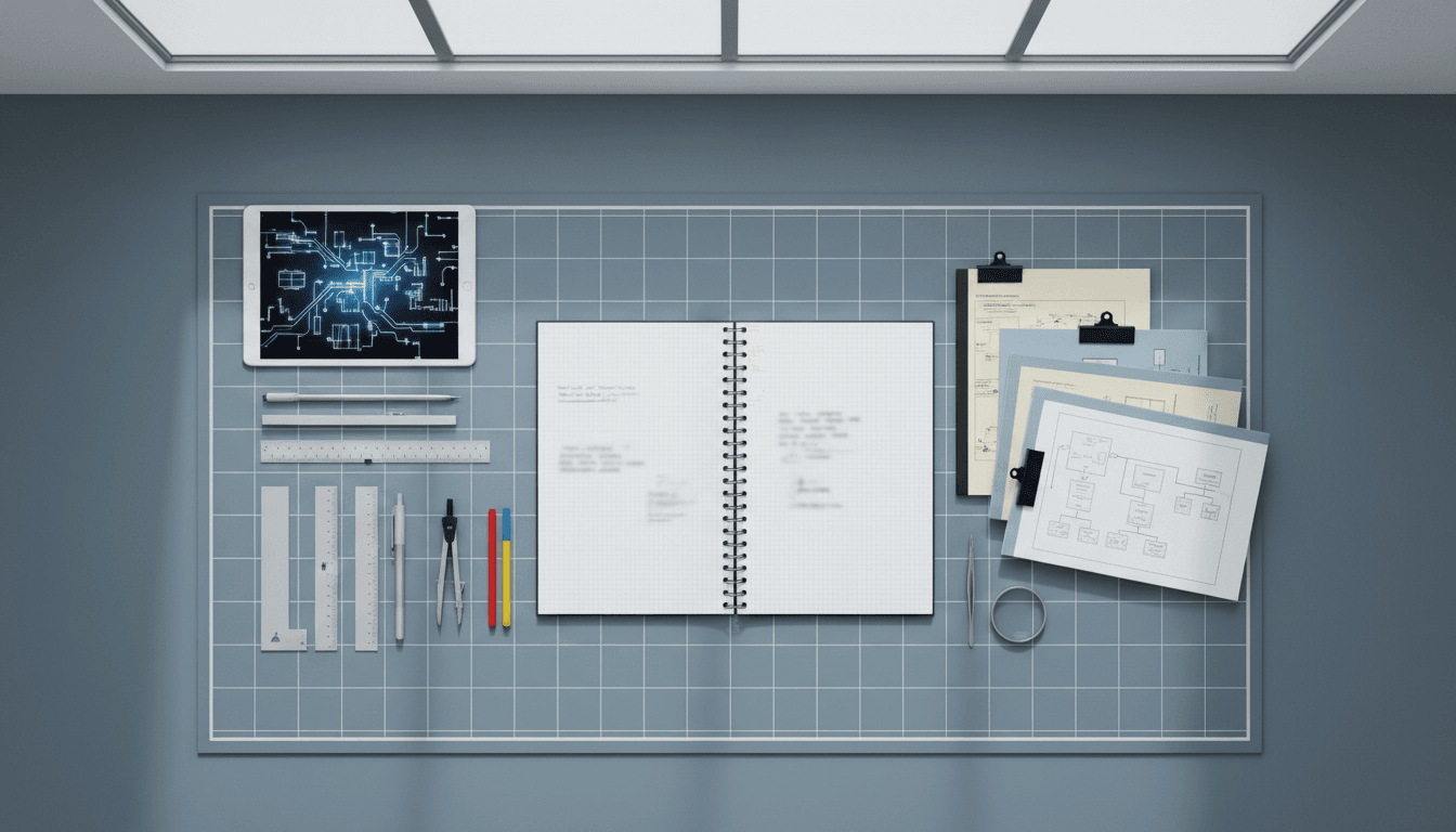 Top-down view of an engineering desk with a tablet, notebook, and various drafting tools.