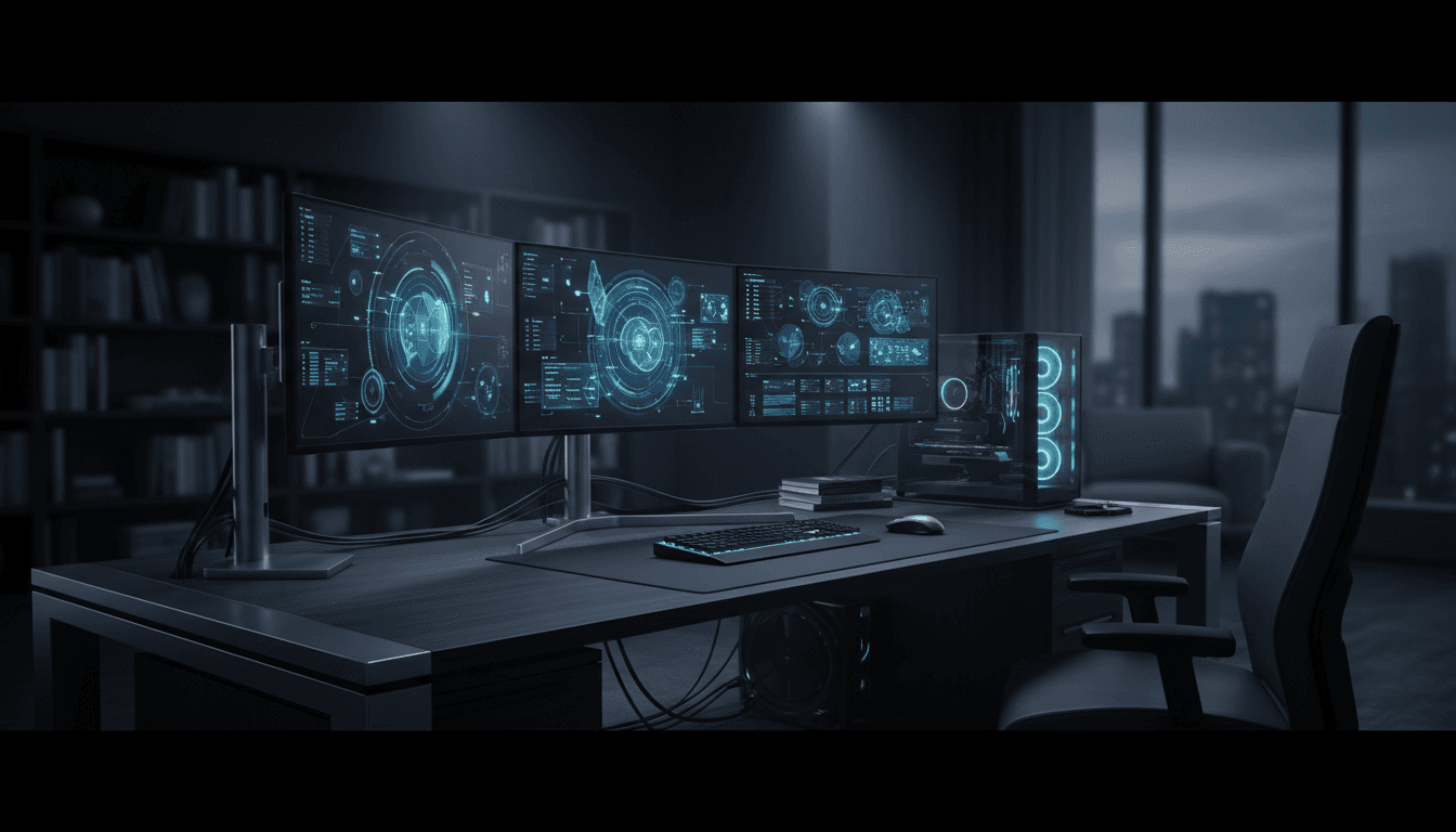 Modern tech workspace with AI dashboards displayed on multiple monitors in a professional setting
