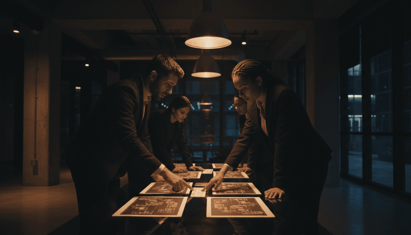 Professionals collaborating on AI system architecture and workflow design