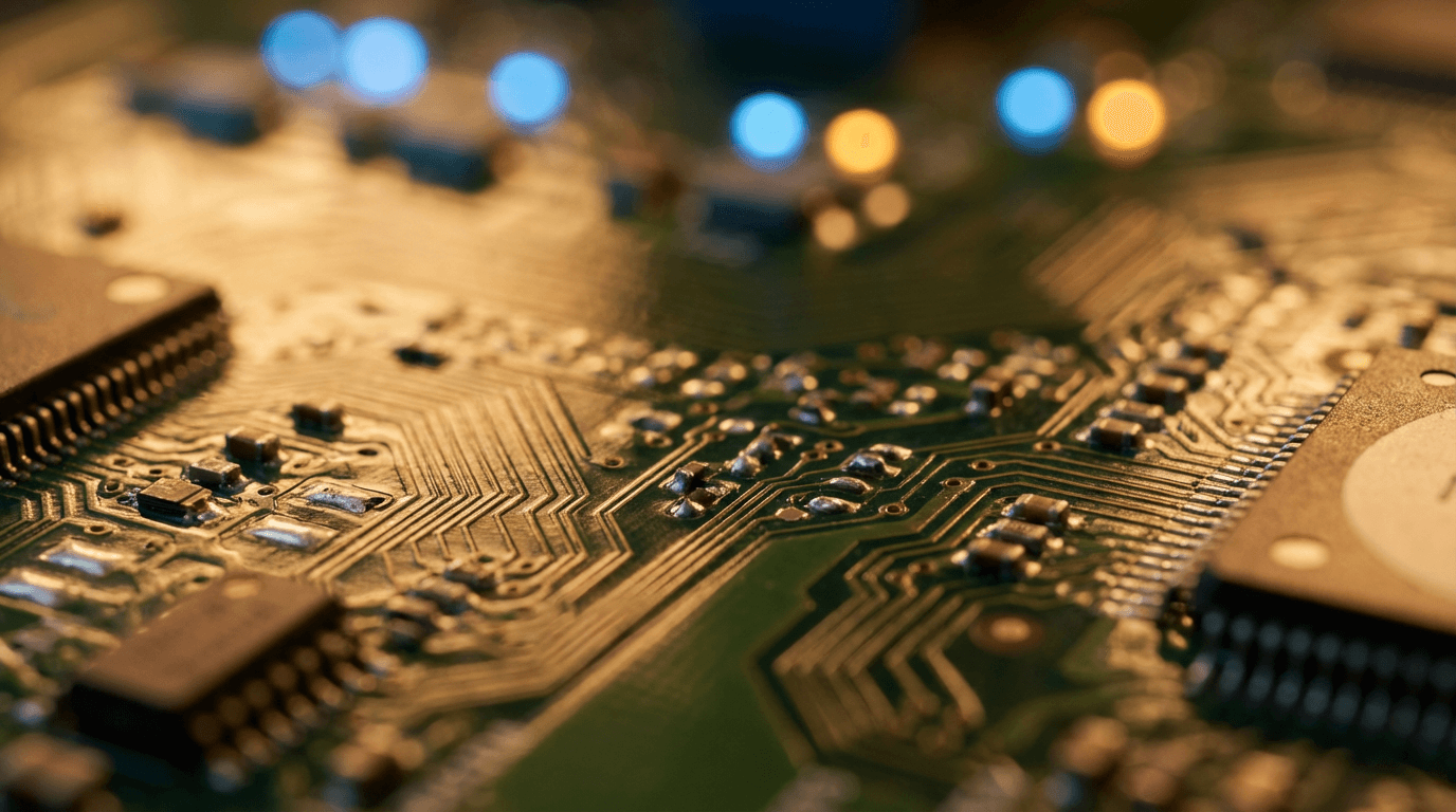 Macro close-up of illuminated circuit board traces with blurred LED indicators in warm and cool light.