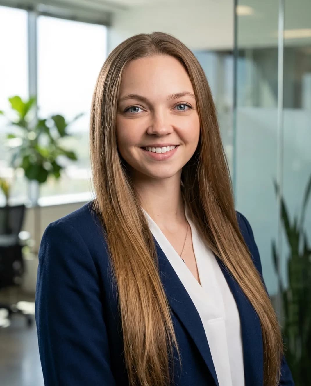 Professional headshot of a smiling woman with long brown hair in a navy blue blazer.
