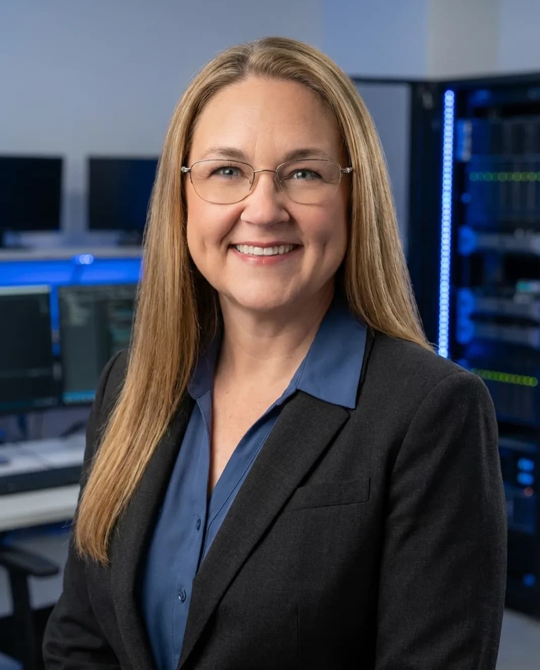 Smiling blonde woman in a blazer and glasses, standing in a high-tech server room.